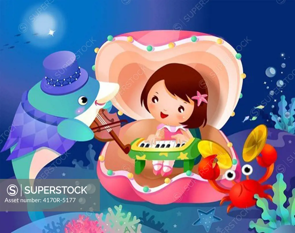 Girl playing a piano in a shell with a dolphin fish and a crab