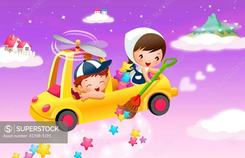 Boy and a girl flying in a convertible car