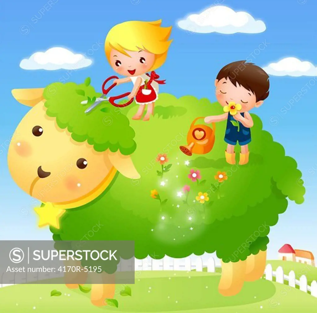Boy watering plants with a girl cutting grass with scissors