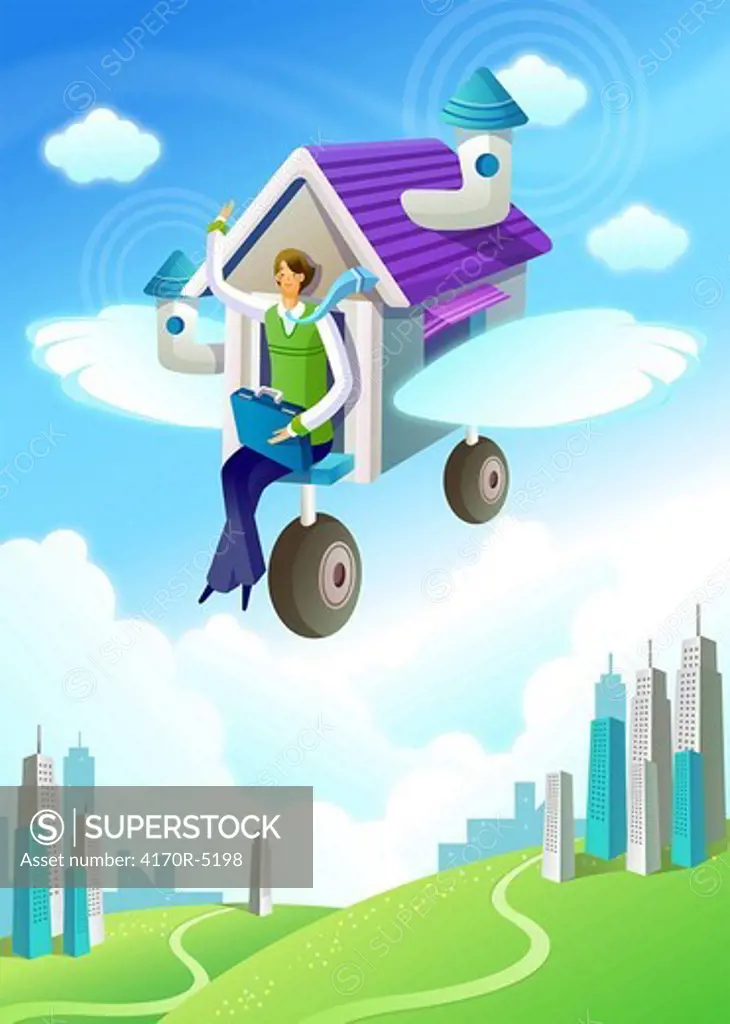 Businessman sitting in a flying house
