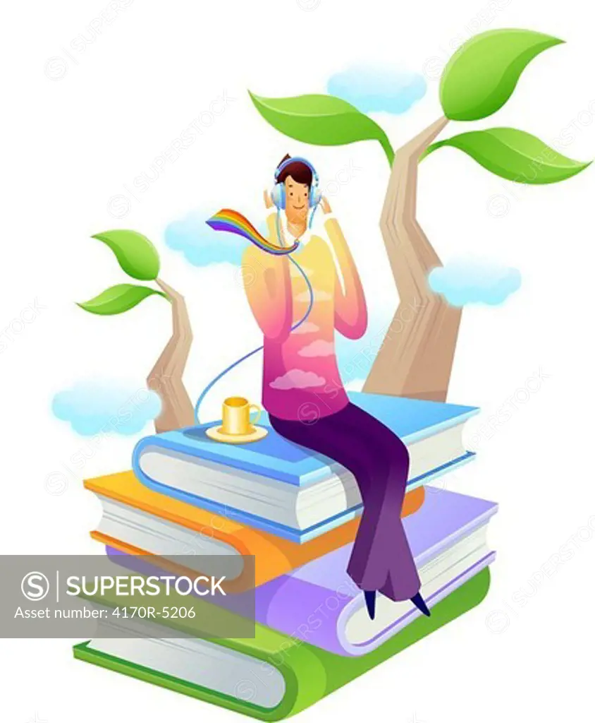 Businessman sitting on a stack of books and listening to music