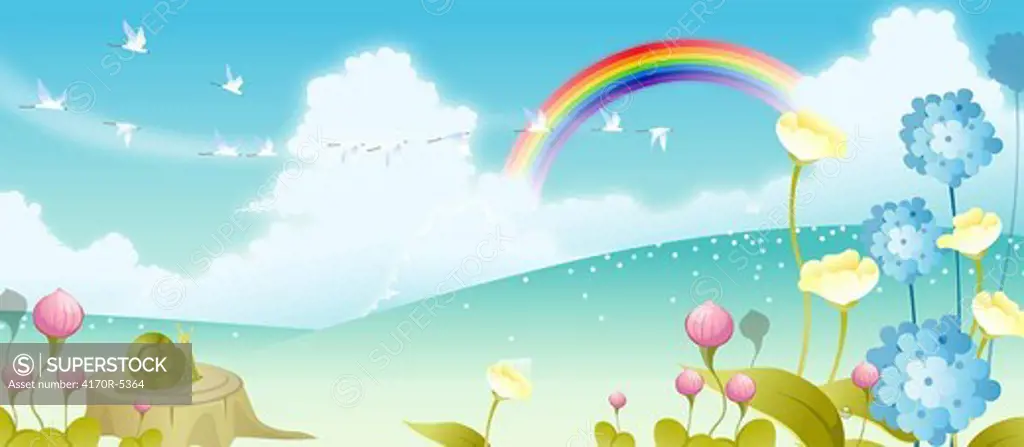 Flock of birds flying in the sky with a rainbow in the background