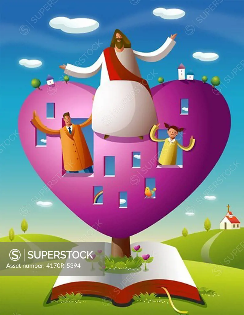 Jesus Christ and two people standing in a heart shaped tree
