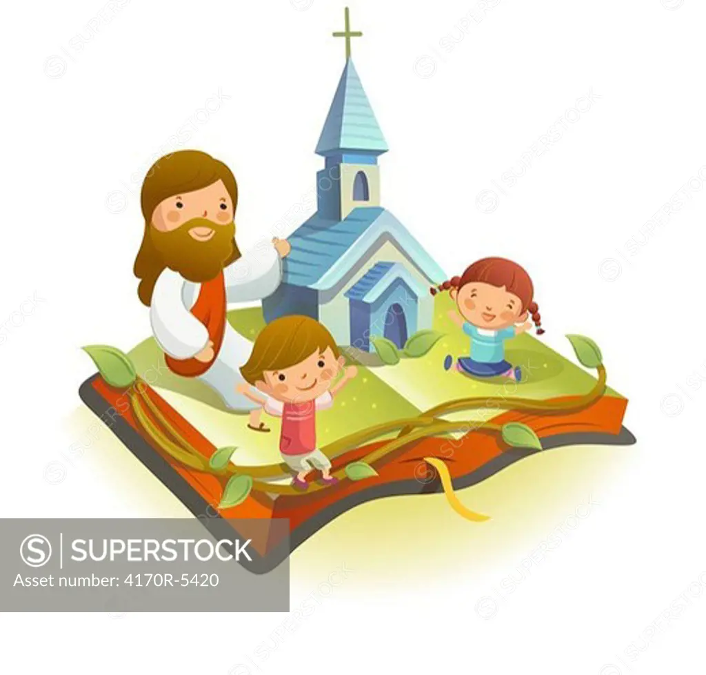 Jesus Christ sitting on a book with two children
