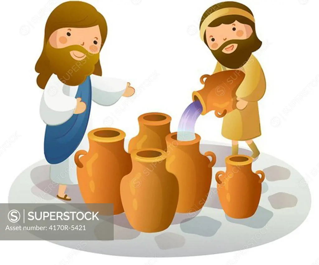 Man filling water into pottery and Jesus Christ gesturing him