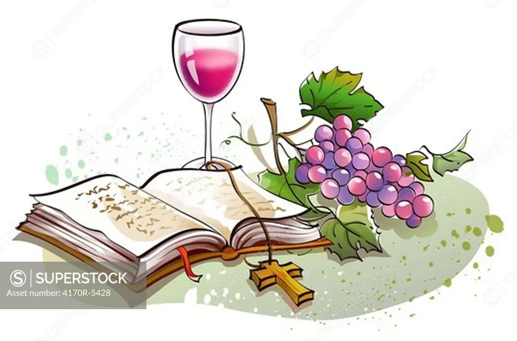 Close-up of the Bible and a cross with grapes and wine glasses