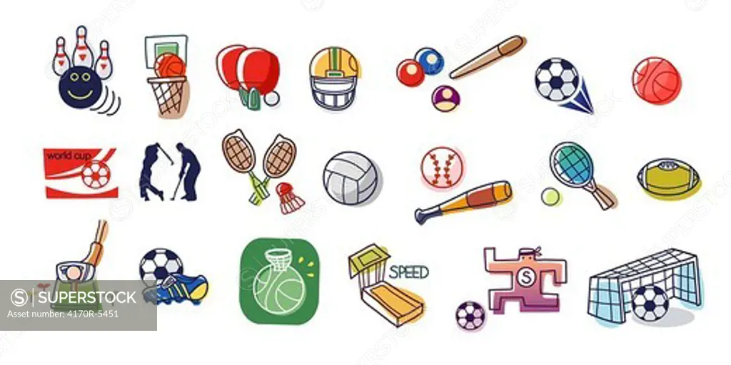 Close-up of different type of sports equipments