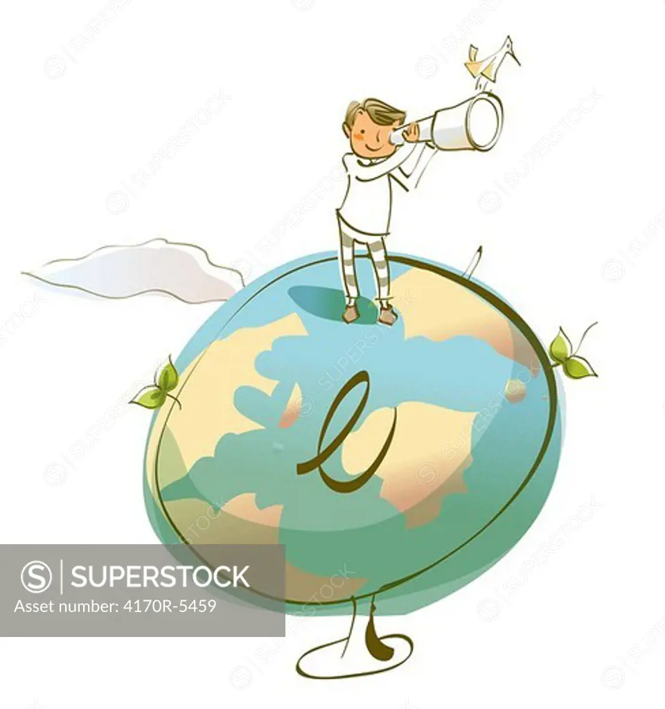 Man standing on a globe and looking through a hand-held telescope