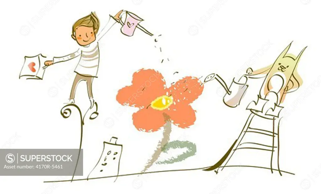 Two Men watering a plant with a watering can