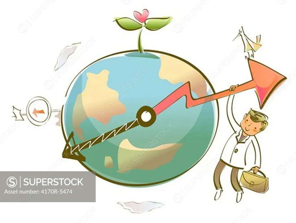 Businessman hanging from an arrow on a globe