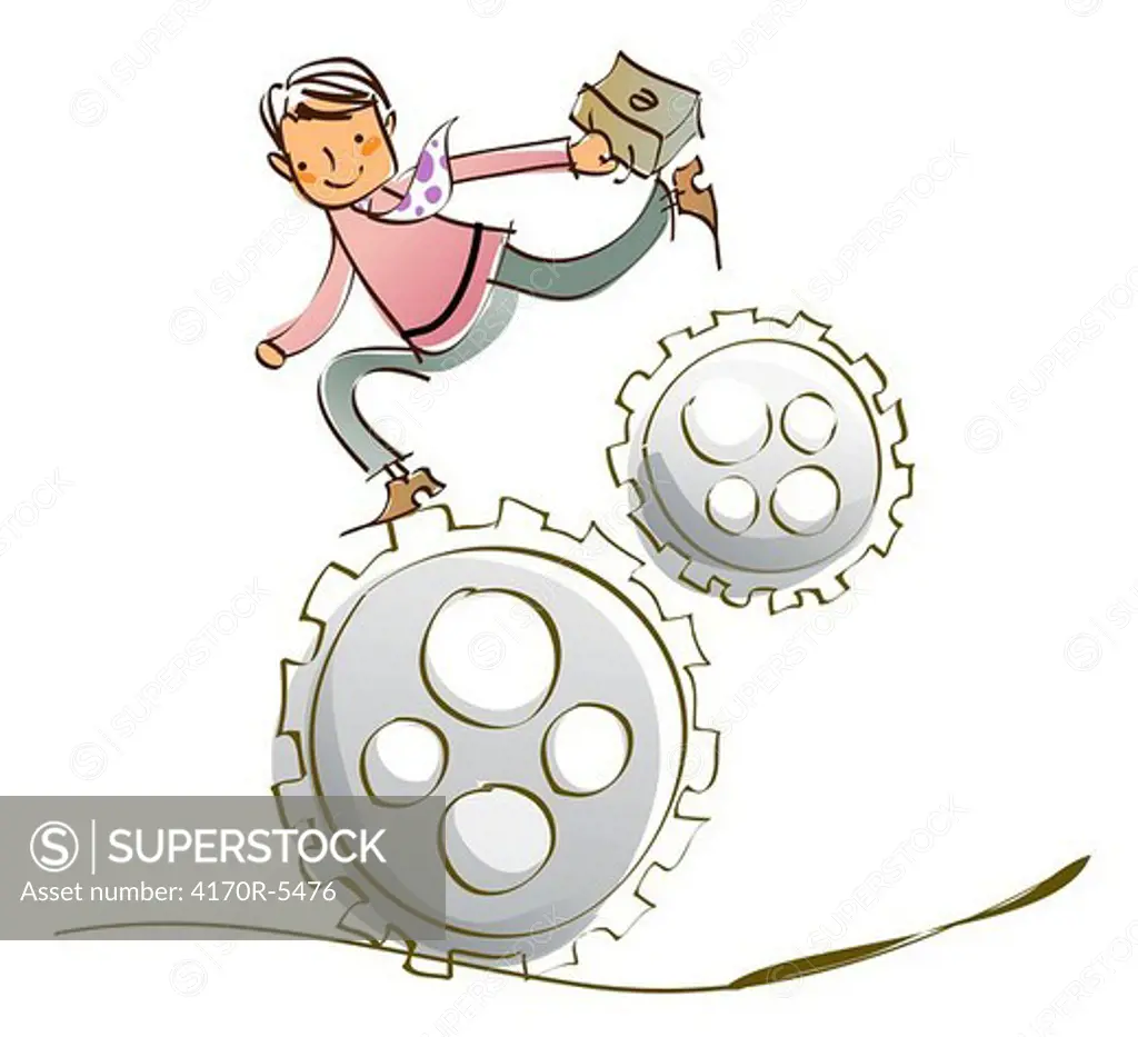 Businessman carrying a briefcase and running on gears