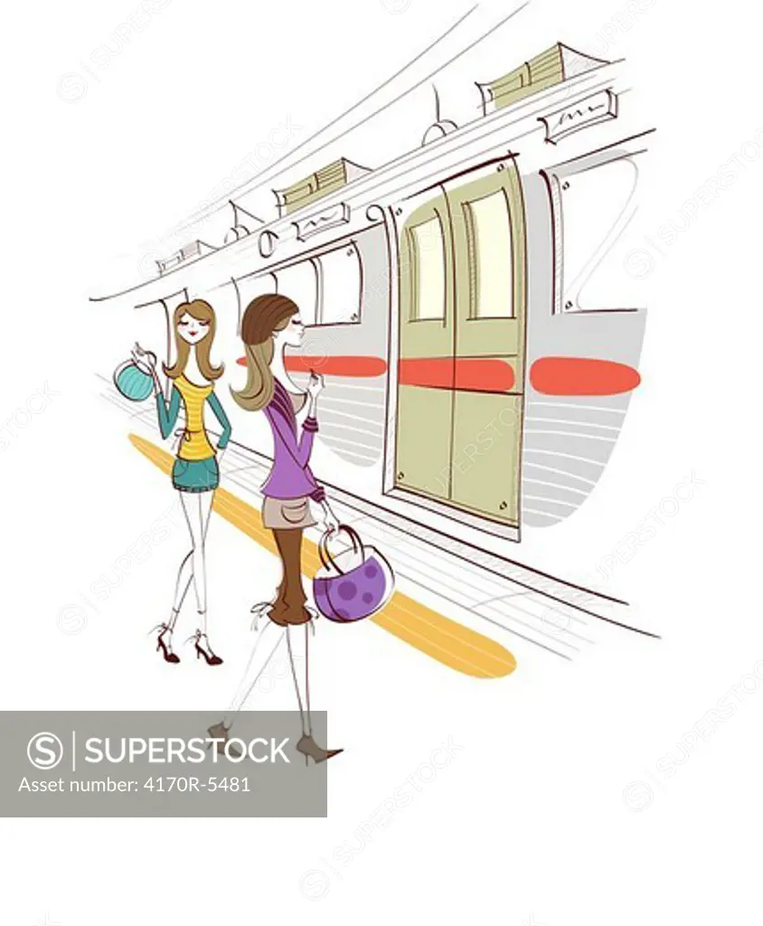 Two women walking at a subway platform