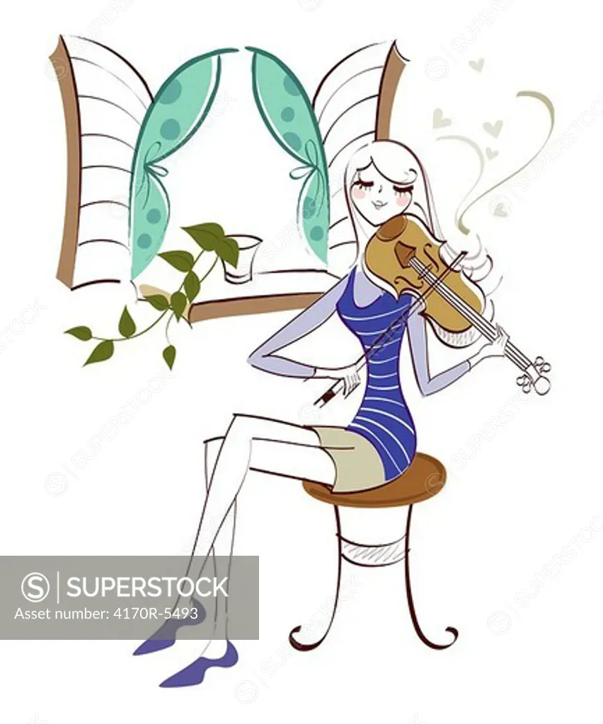 Woman sitting on a stool and playing a violin