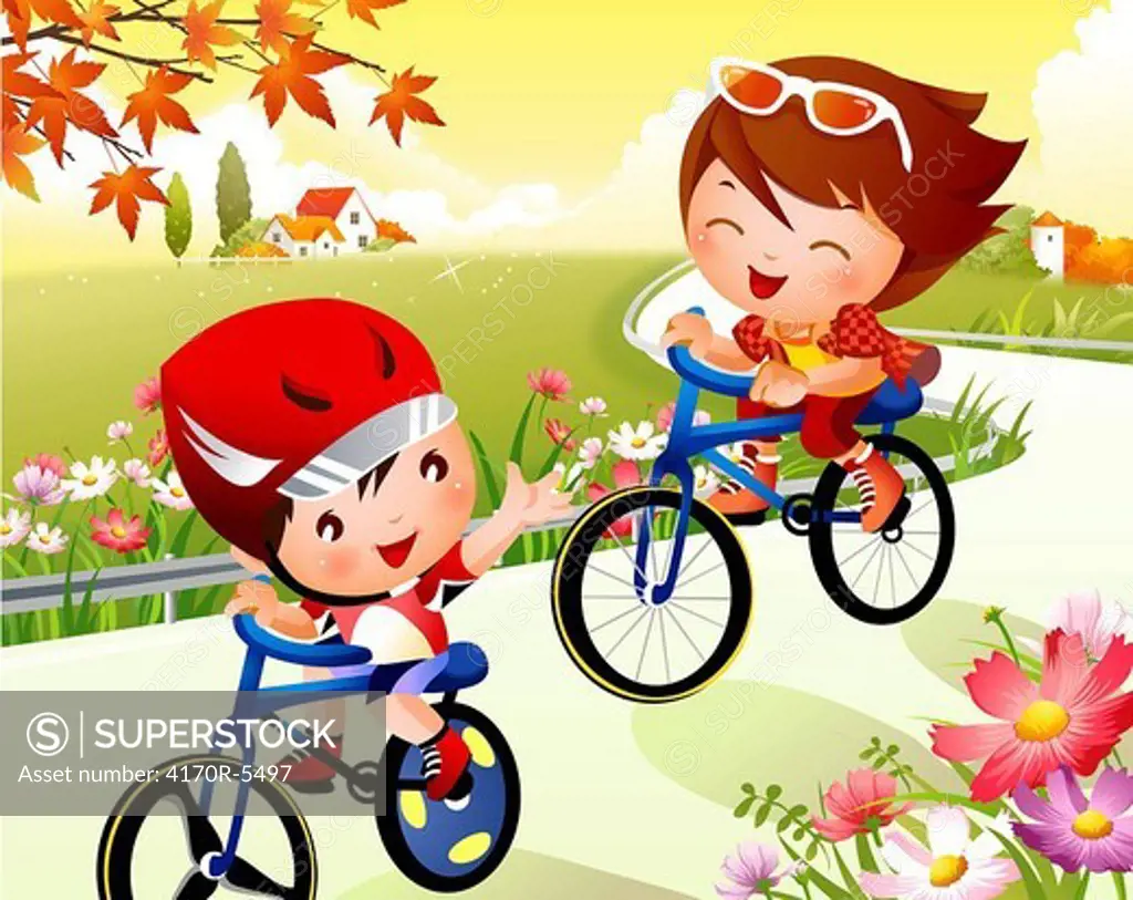 Boy and a girl riding bicycles