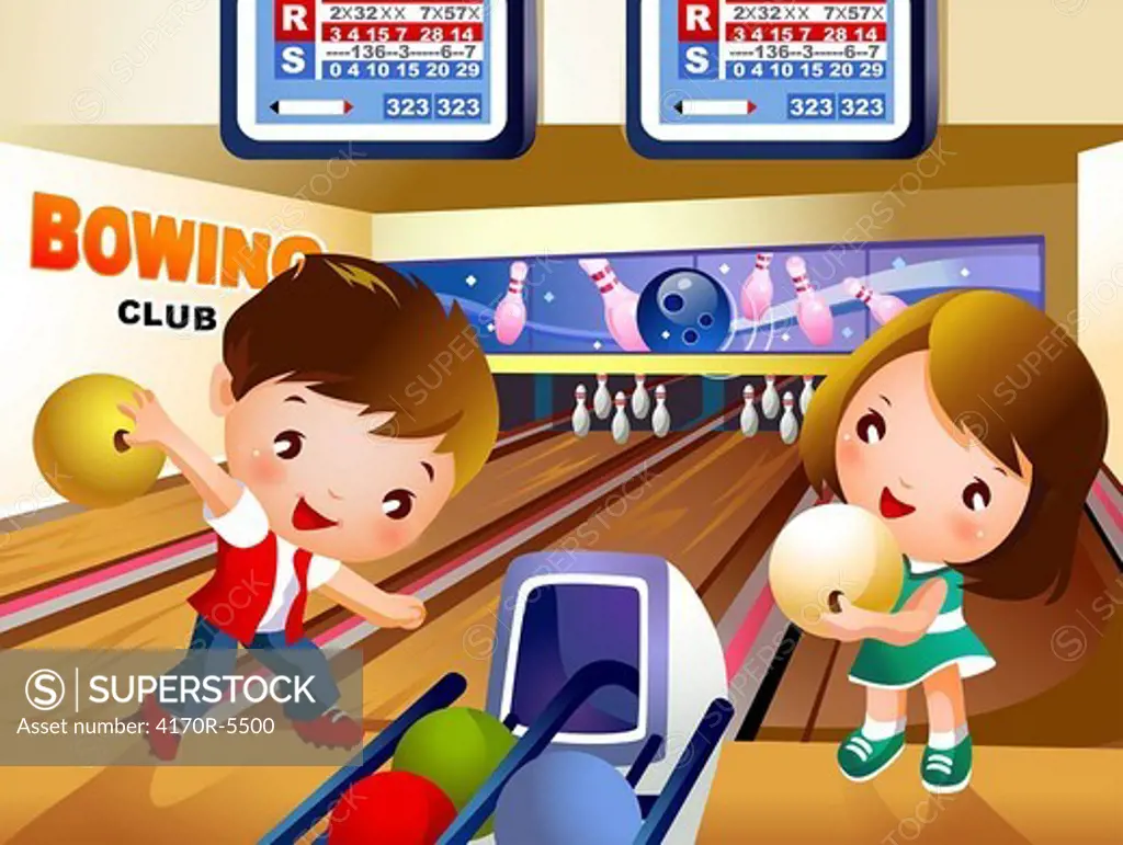 Boy bowling in bowling alley with a girl holding a ball