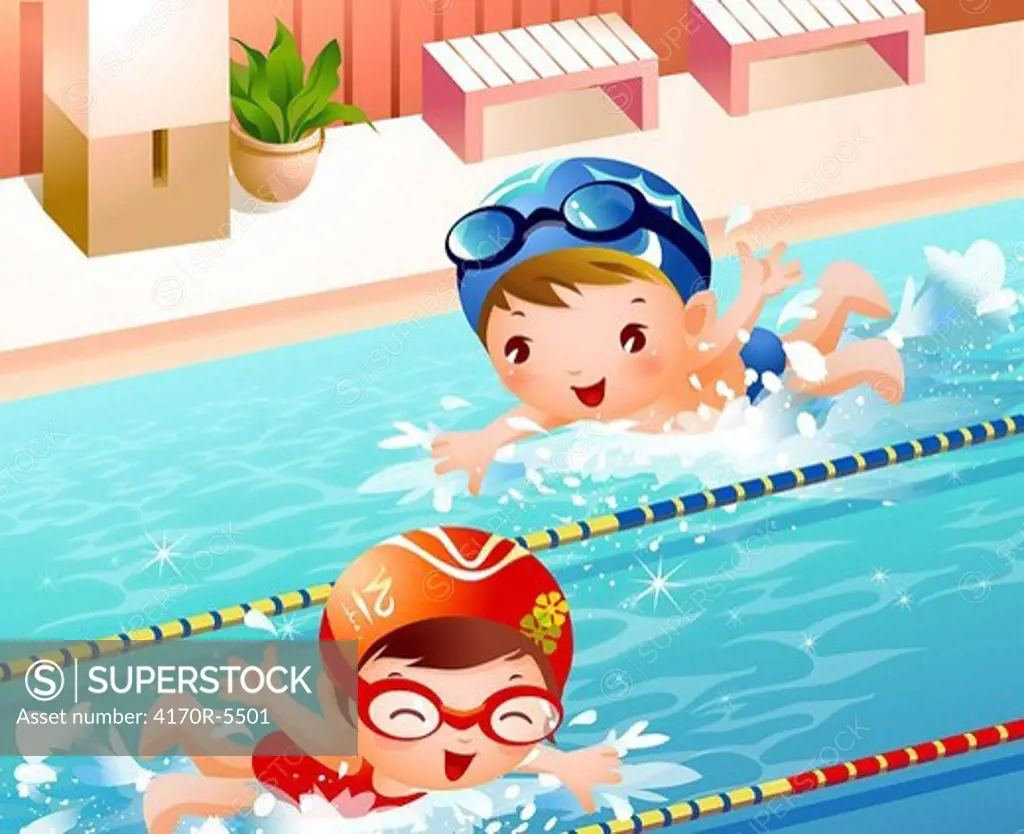 High angle view of a boy and a girl swimming in a swimming pool