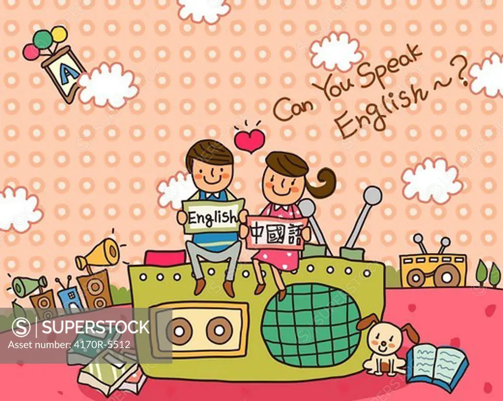 Boy and a girl sitting on a cassette player and holding signboards