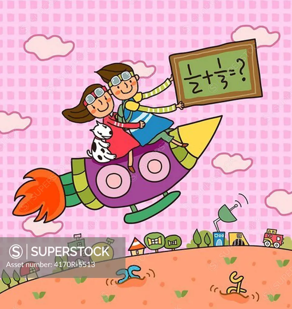 Boy holding a blackboard sitting with a girl on a rocket