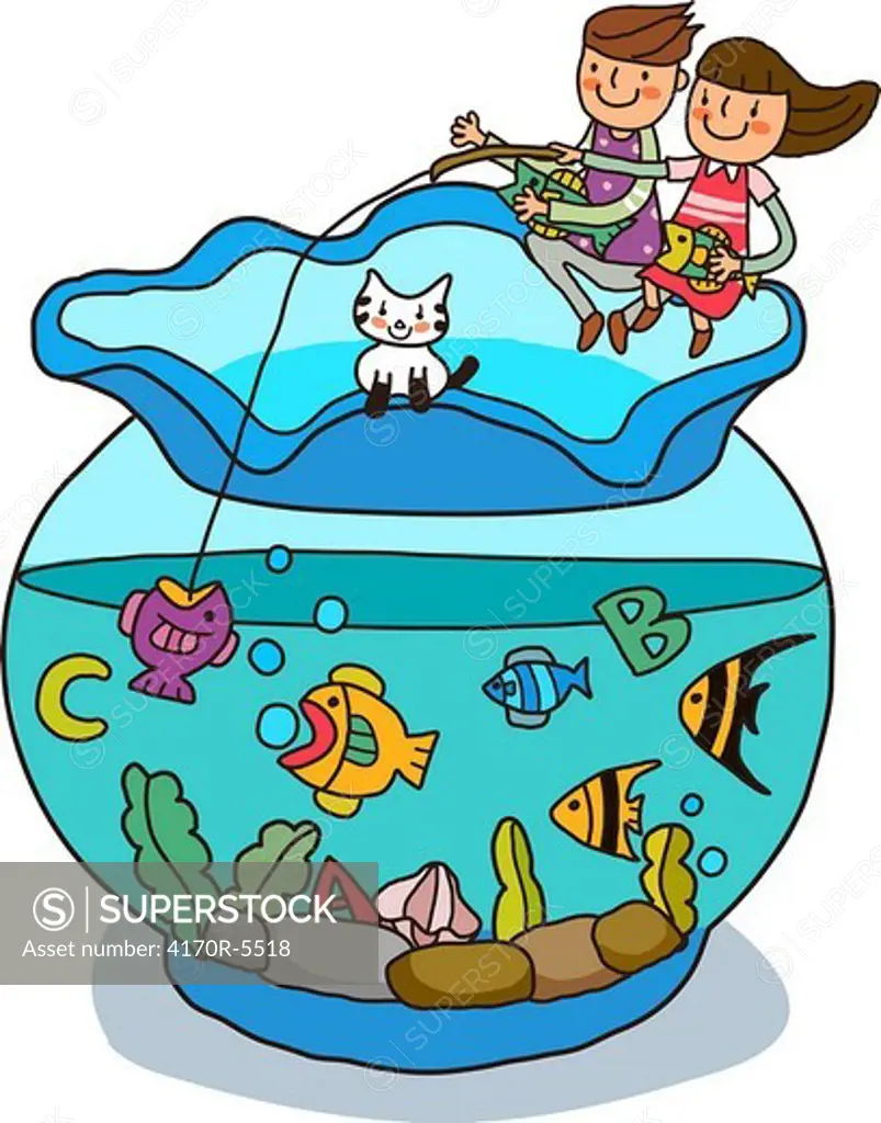 Boy and a girl fishing in a fish bowl