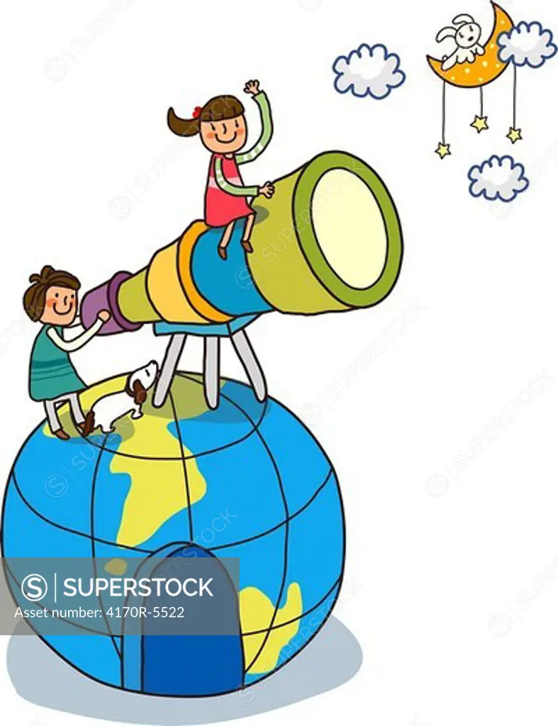 Girl looking at moon through a telescope with another girl sitting on it