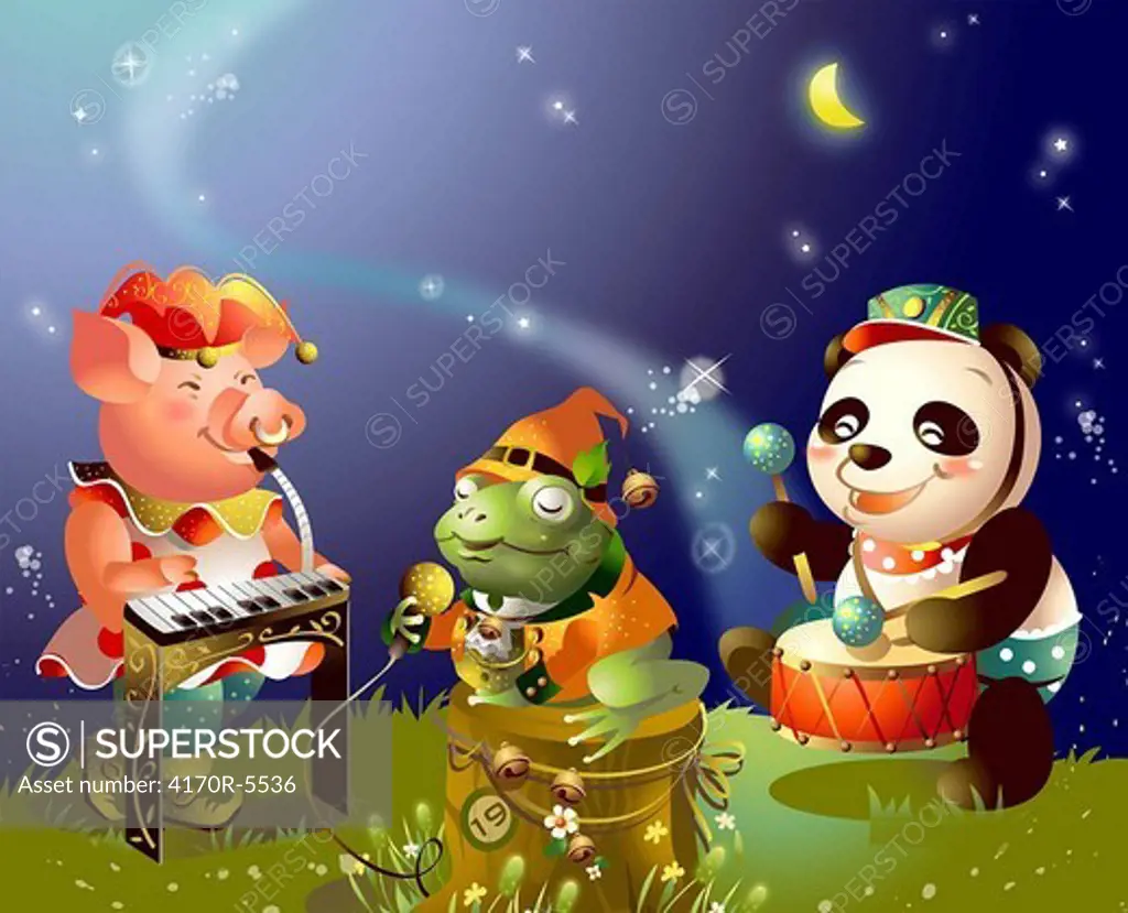 Panda and a pig with a frog playing musical instruments