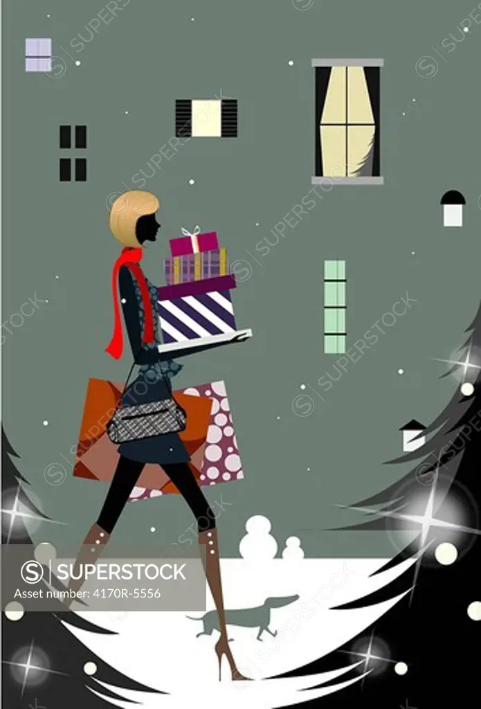 Side profile of a woman walking and carrying gifts