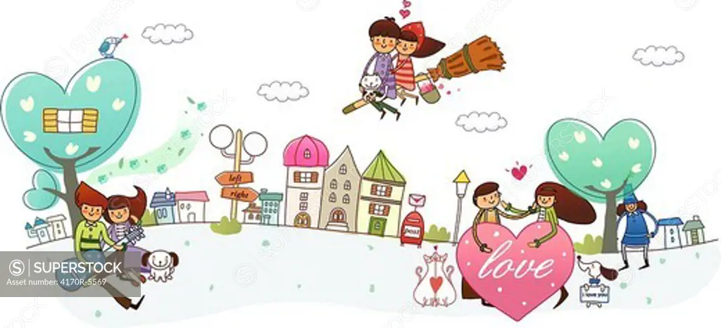 Couple sitting under a tree with a couple riding a broom and another couple holding a heart shape