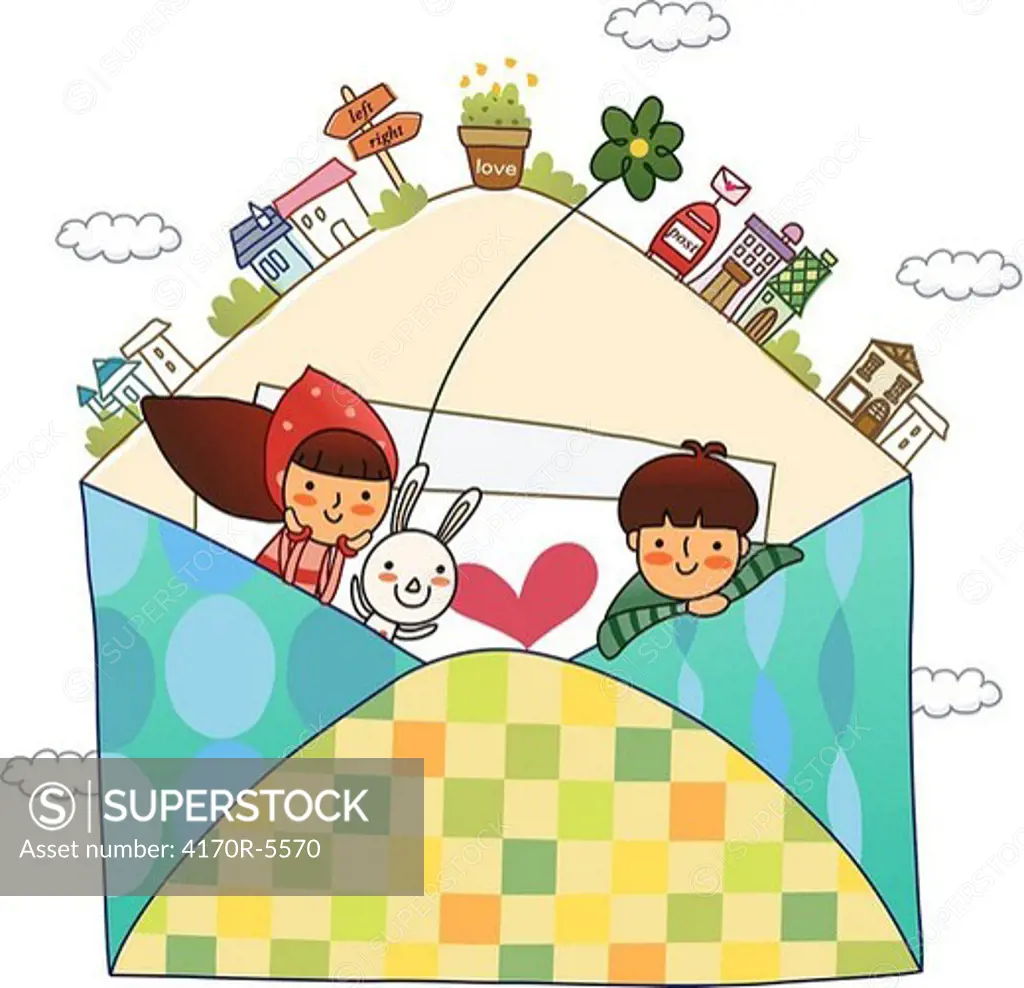 Couple inside an envelope with a rabbit
