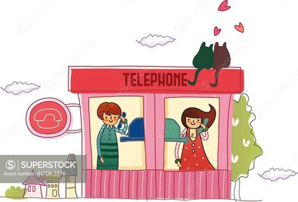 Man and a woman talking on phones in a telephone booth