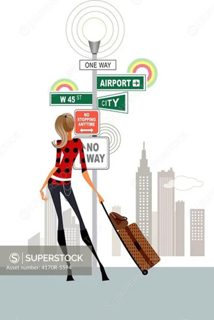 Rear view of a woman holding luggage and looking at road signs