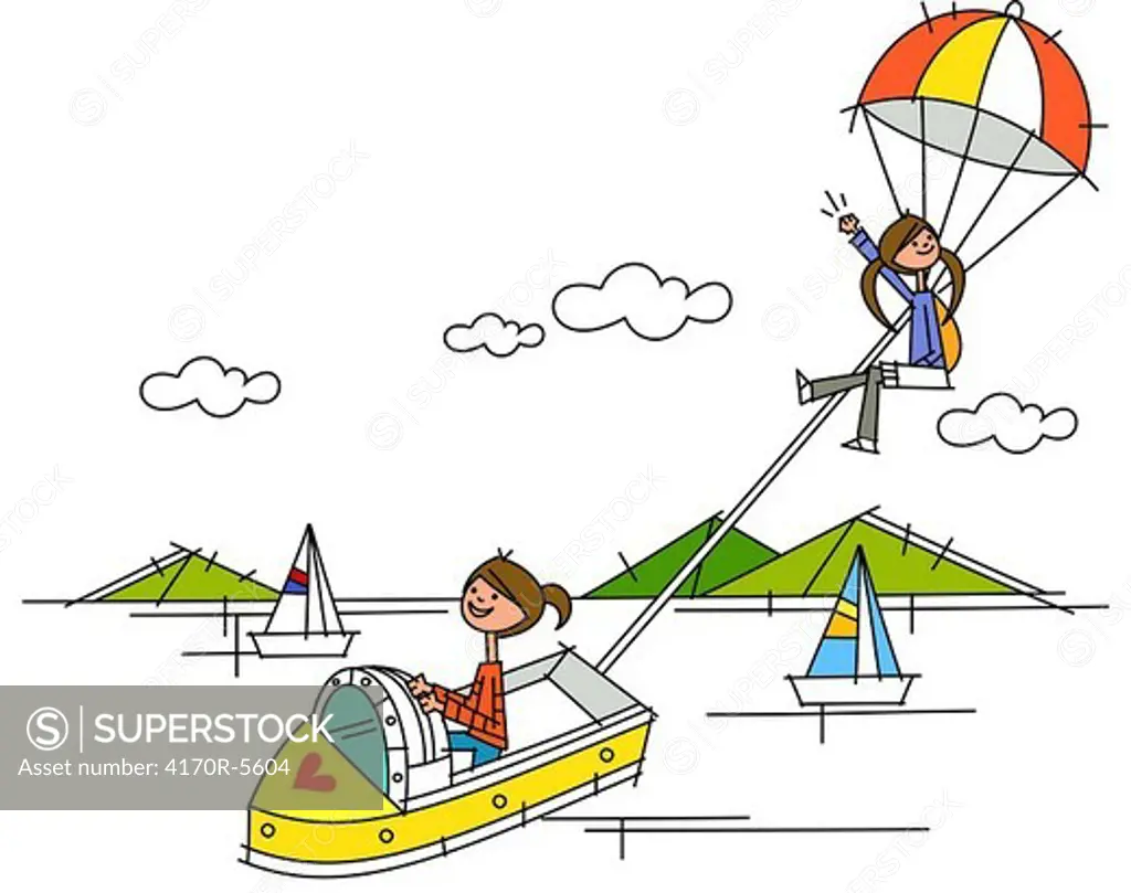 Woman driving a boat and another woman parasailing on it