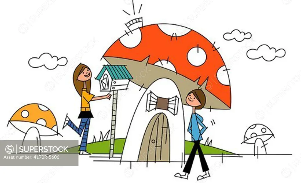 Side profile of two women in front of a mushroom house