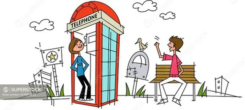 Woman standing in a telephone booth and a man greeting her
