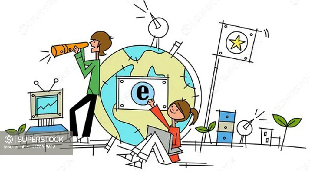 Woman sitting near a globe with a laptop and a man blowing a megaphone