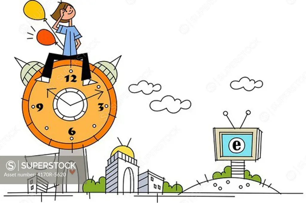 Woman sitting on an alarm clock and looking up