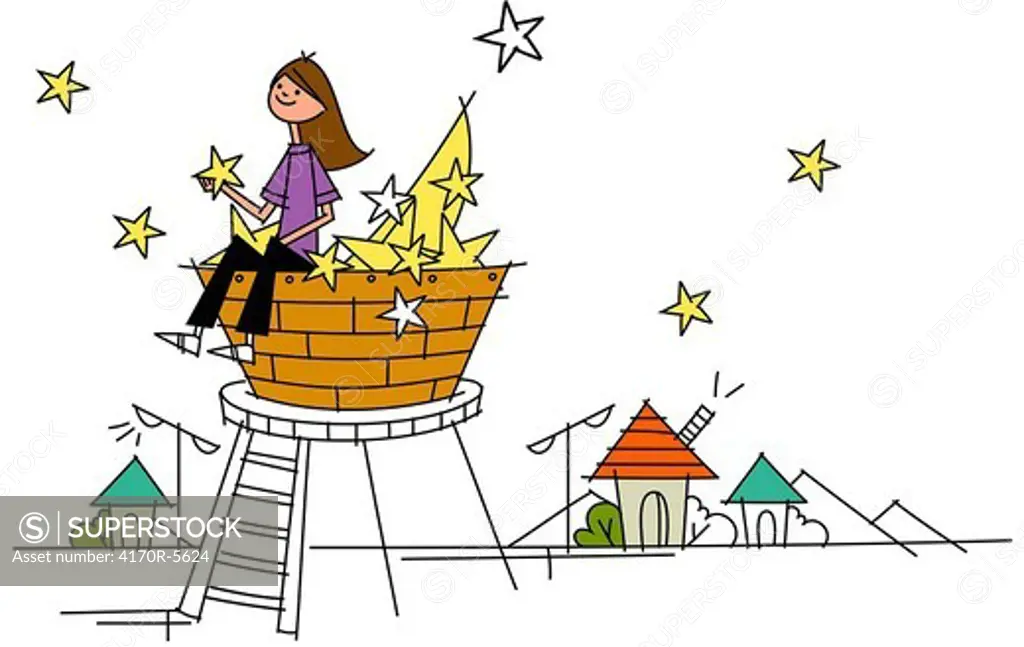 Woman sitting on a basket and holding a star