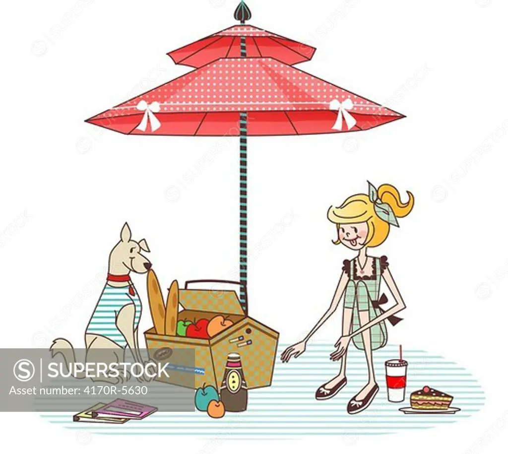 Woman sitting under a sunshade with her dog