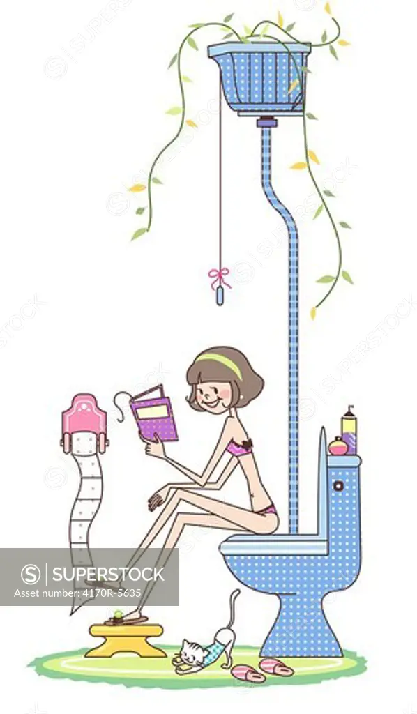 Girl sitting on a toilet bowl and reading a book