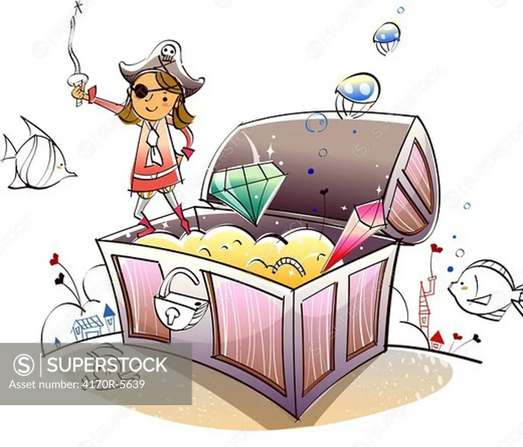 Female pirate standing on a treasure chest