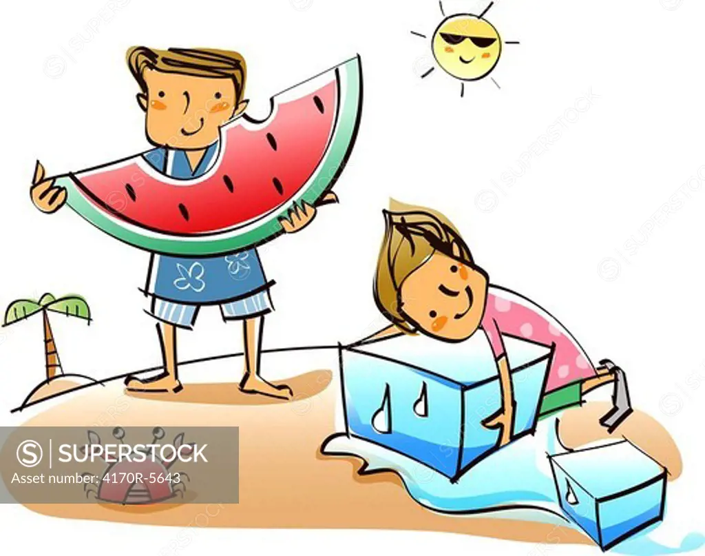 Man holding a slice of watermelon with a woman leaning on an ice cube
