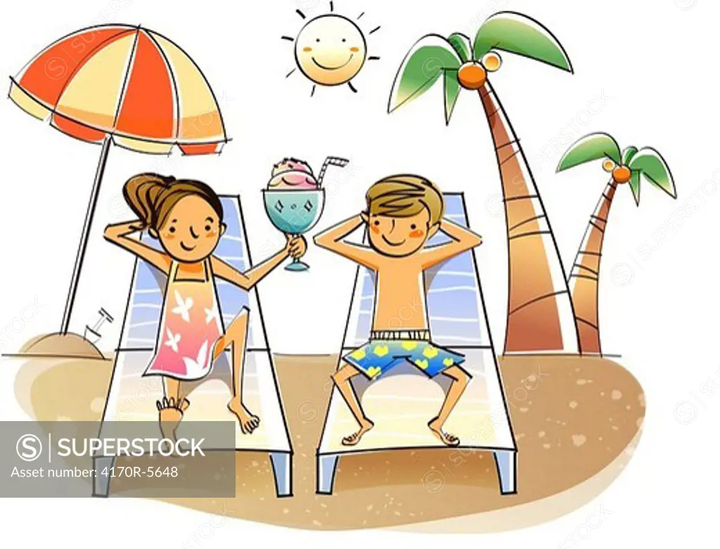 Couple reclining on lounge chairs on the beach