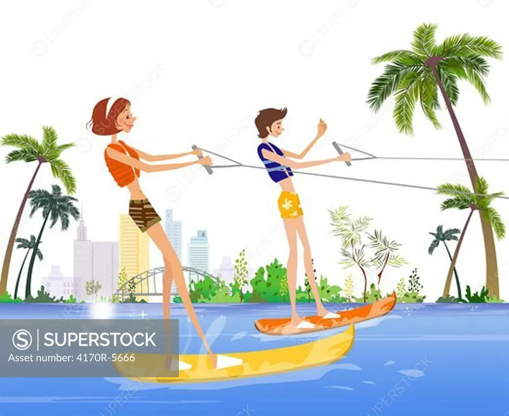 Side profile of a man and a woman waterskiing in the sea