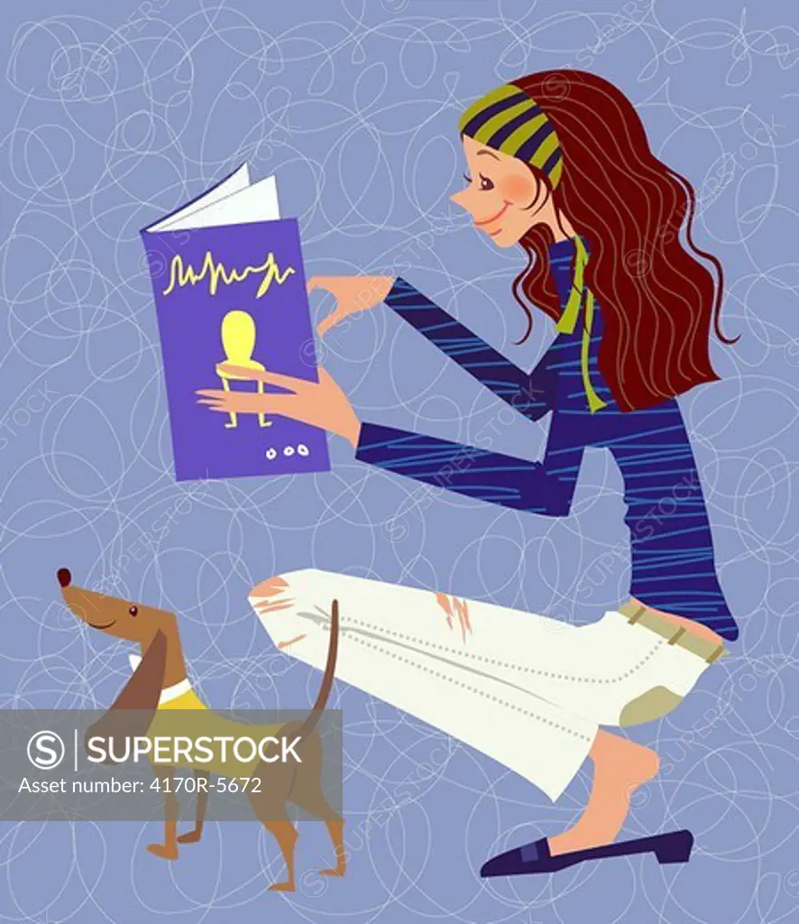 Side profile of a woman reading a book with a puppy standing near her