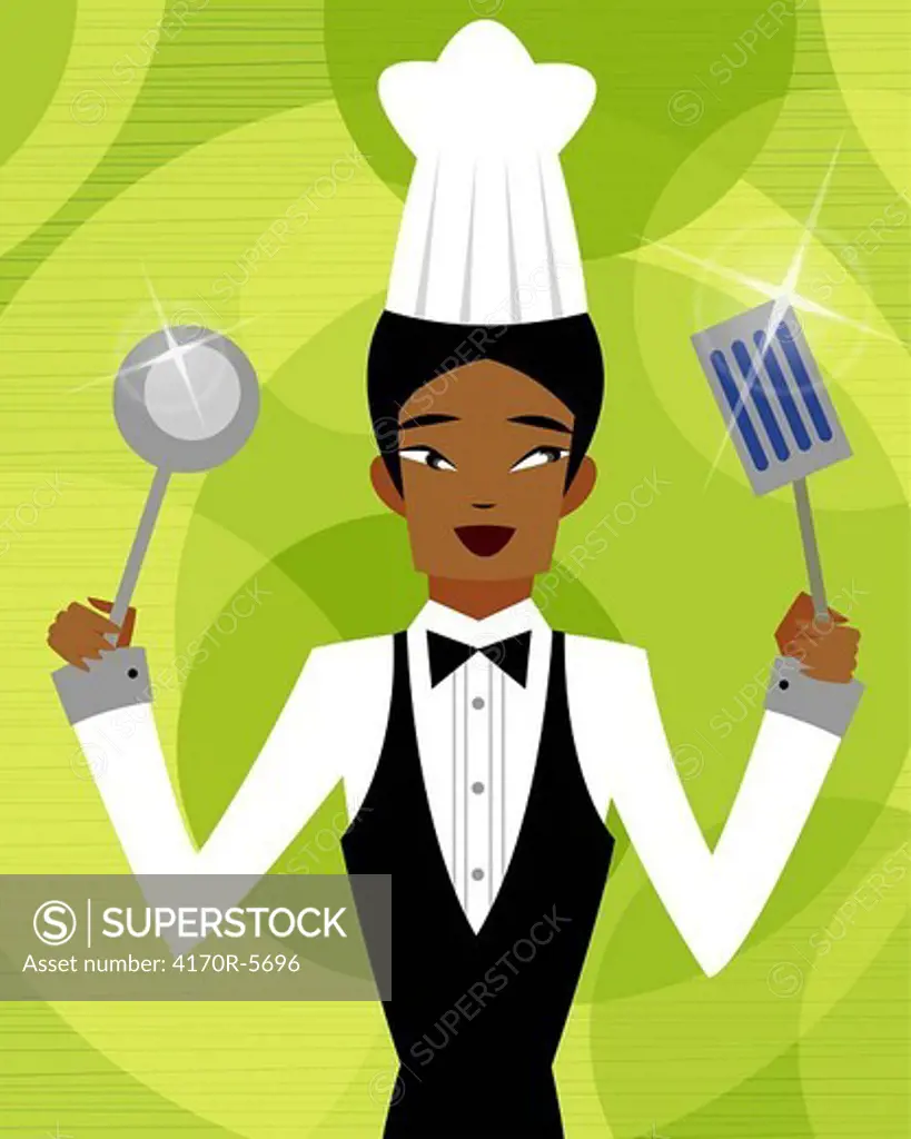 Close-up of a male chef holding a spatula and a ladle