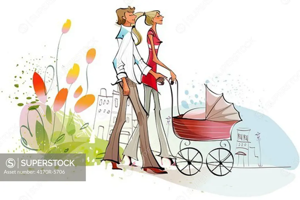 Side profile of a couple pushing a baby carriage