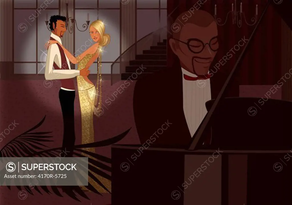 Musician playing piano with a couple in the background