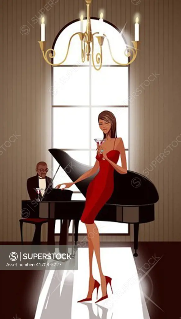 Side profile of a woman holding a glass of martini with a pianist in the background