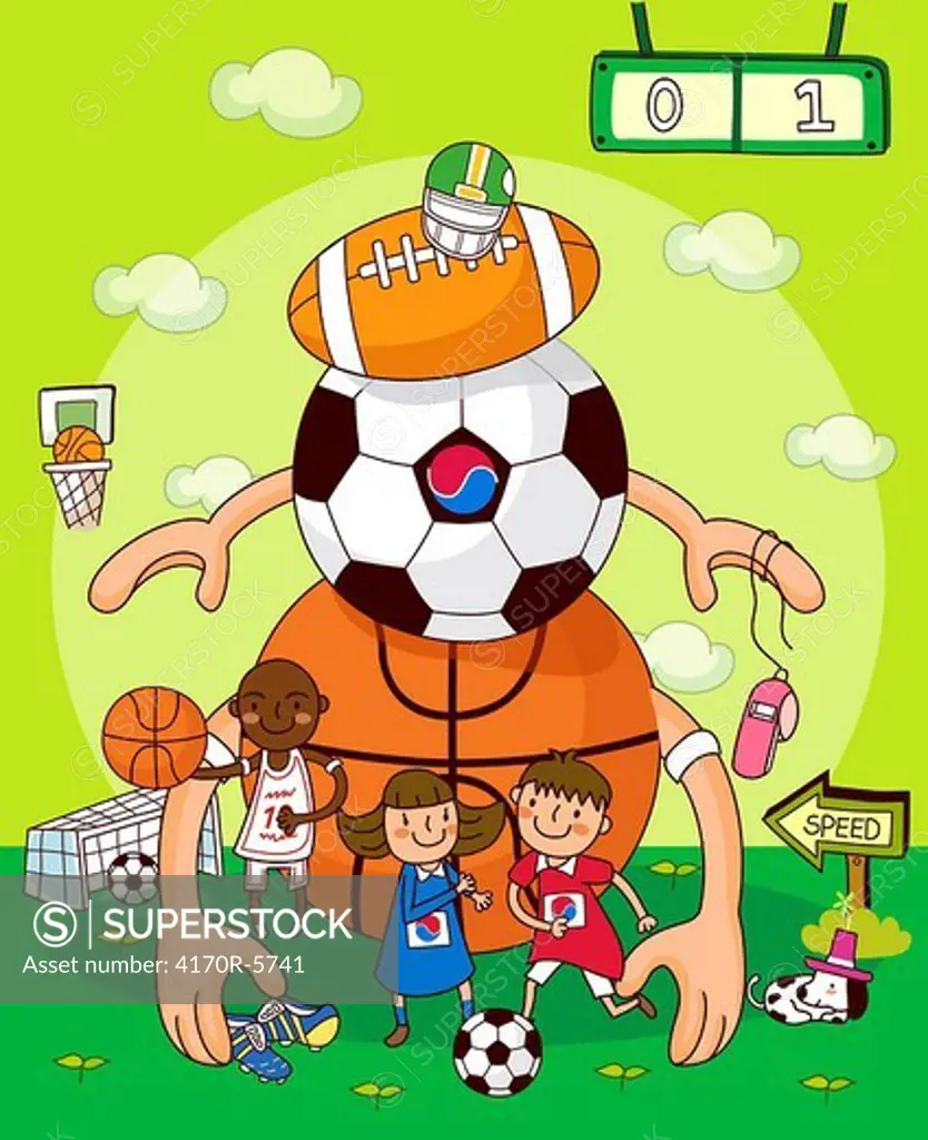 Two boys with a girl standing in front of balls of different games