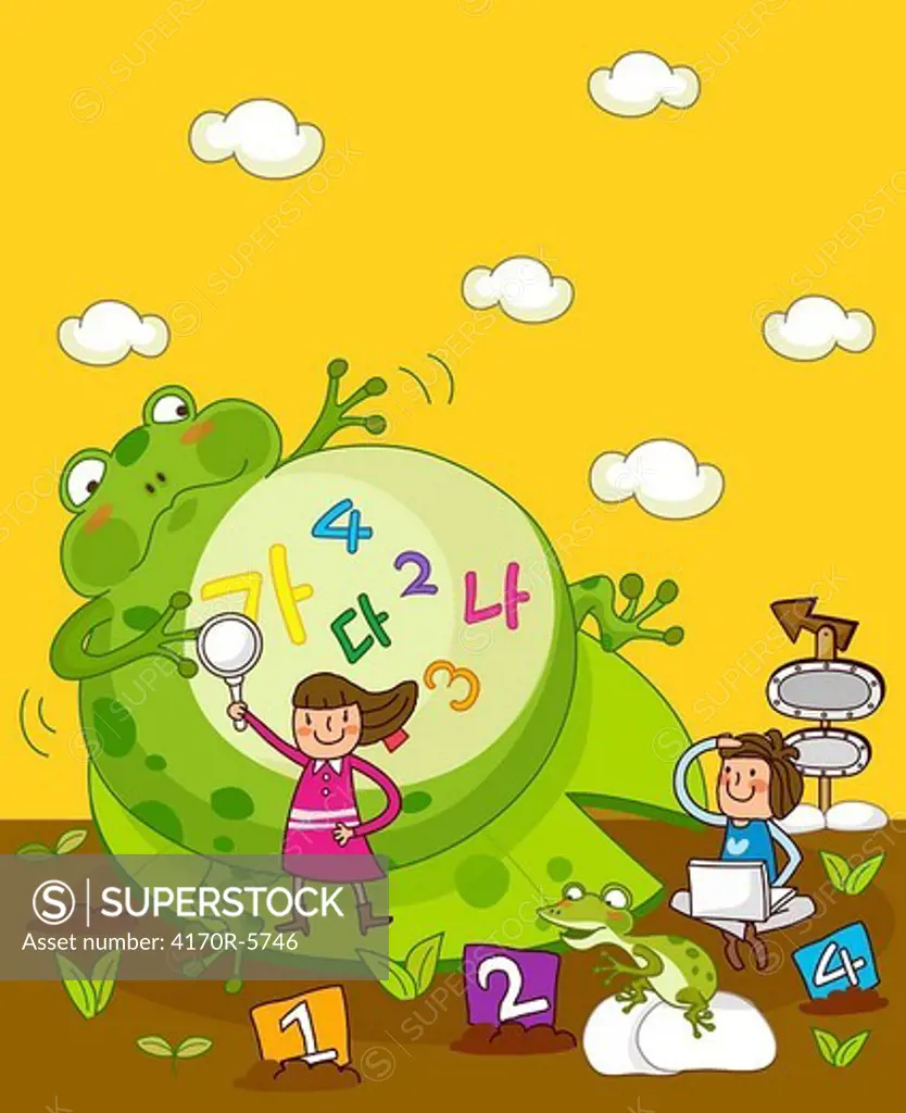 Girl holding a magnifying glass with another girl using a laptop near a giant frog