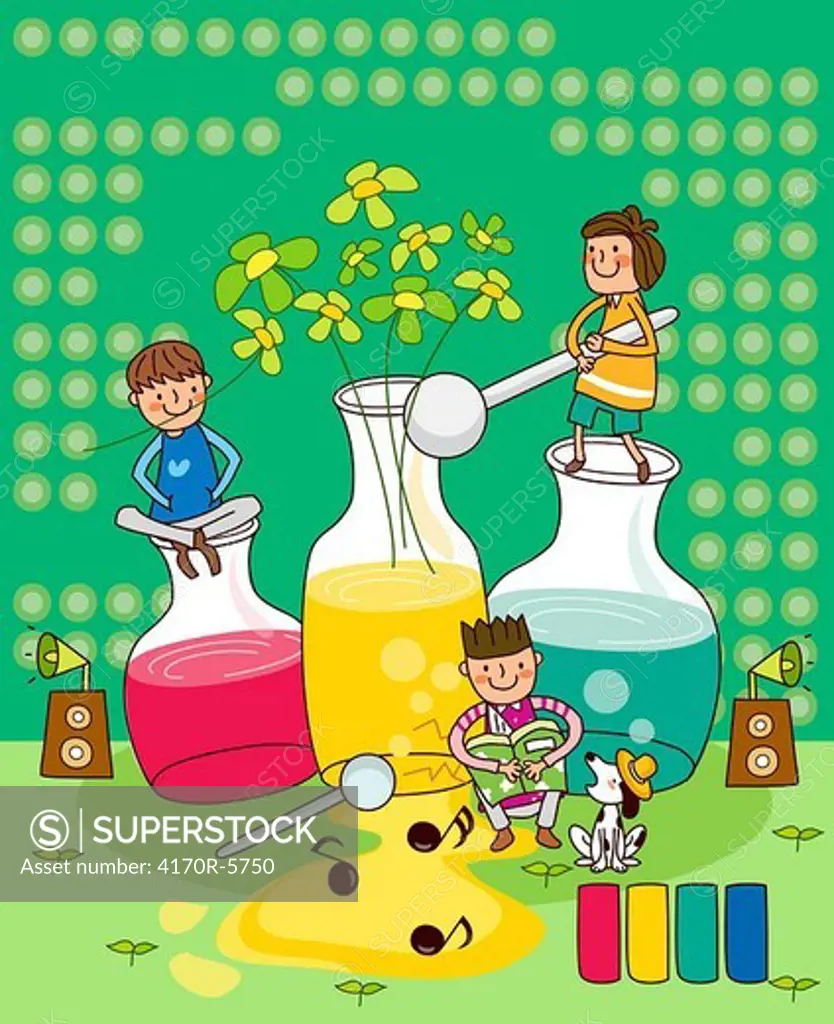 Three children using vases filled with liquid as musical instruments